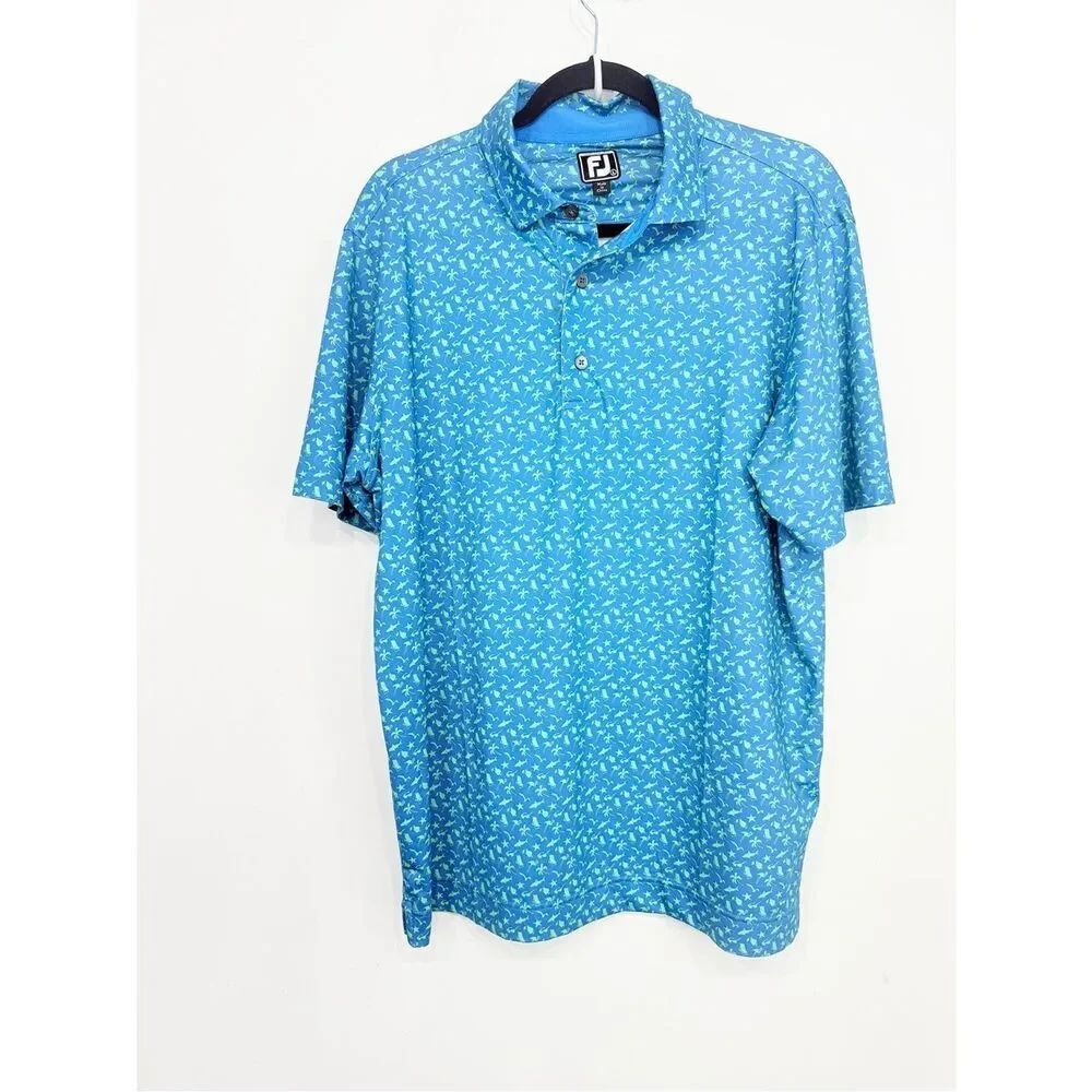 Foot Joy Athletic Fit Blue Teal Summer Beach Print Short Sleeve Polo Shirt